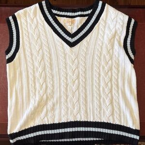 Sage and Oak Cable Knit V-Neck Sweater Vest in Cream with Black and Blue Trim